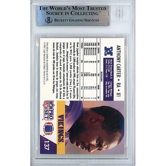 Anthony Carter Signed Card Minnesota Vikings Autograph Beckett Slab 1991 Pro Set - Picture 3 of 5